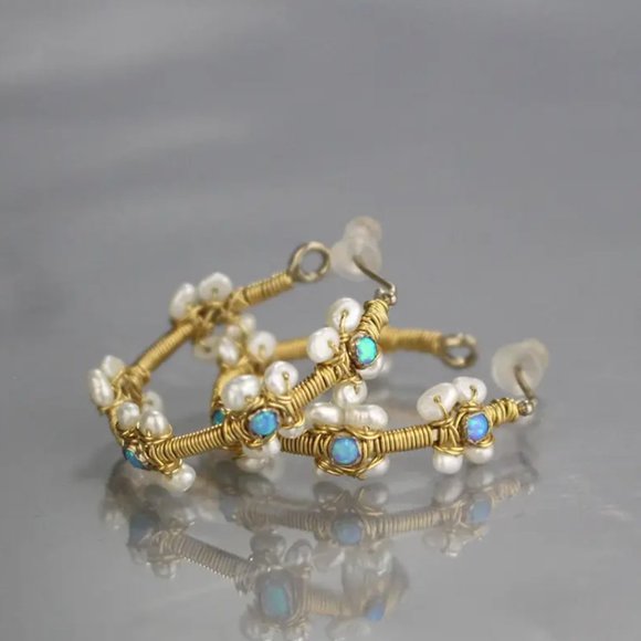 Handmade Flower Opal Pearl Hoop Earrings - Picture 3 of 5